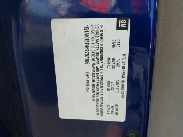 1G1AK15F467757106 - 2006 CHEVROLET COBALT LS BLUE photo 10