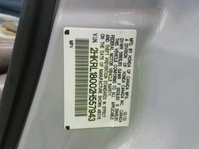 2HKRL18002H557943 - 2002 HONDA ODYSSEY EX SILVER photo 10