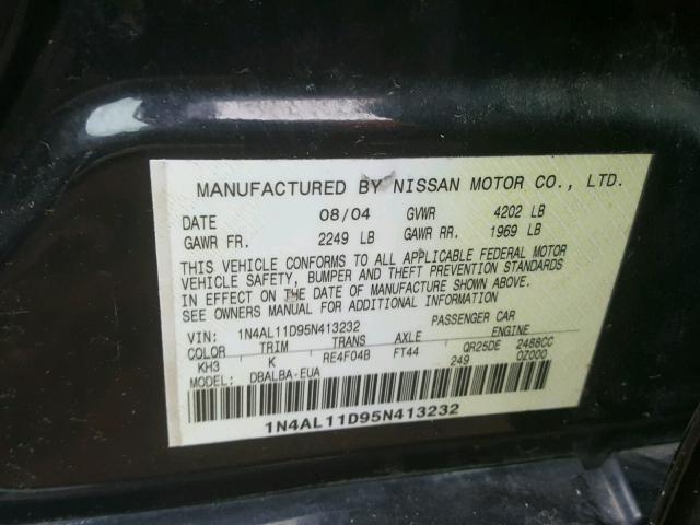 1N4AL11D95N413232 - 2005 NISSAN ALTIMA S BLACK photo 10