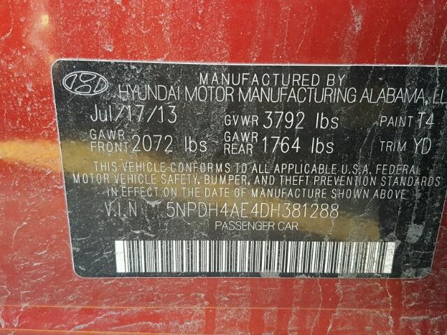 5NPDH4AE4DH381288 - 2013 HYUNDAI ELANTRA GL RED photo 10