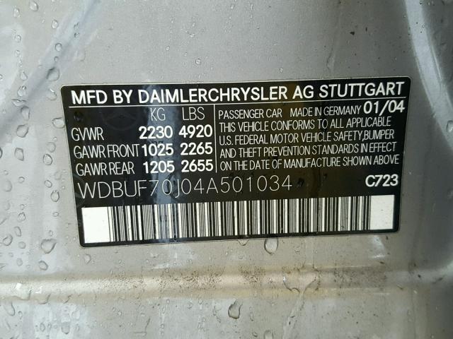 WDBUF70J04A501034 - 2004 MERCEDES-BENZ E 500 GRAY photo 10