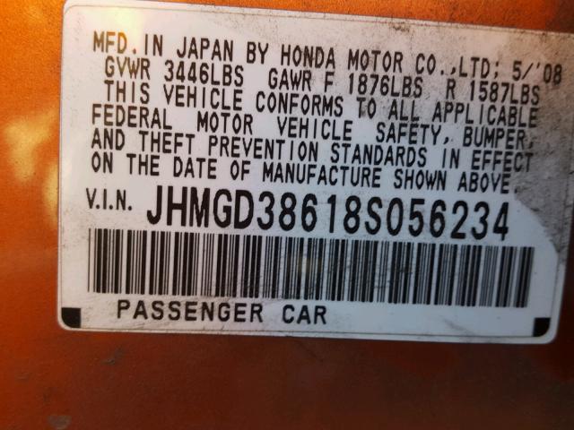 JHMGD38618S056234 - 2008 HONDA FIT SPORT ORANGE photo 10