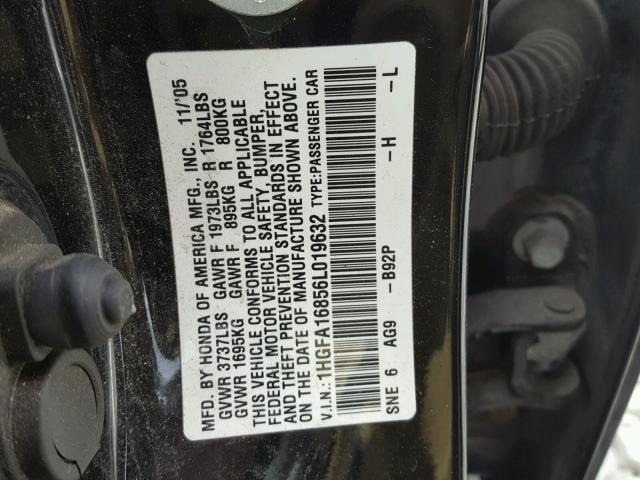 1HGFA16856L019632 - 2006 HONDA CIVIC EX BLACK photo 10