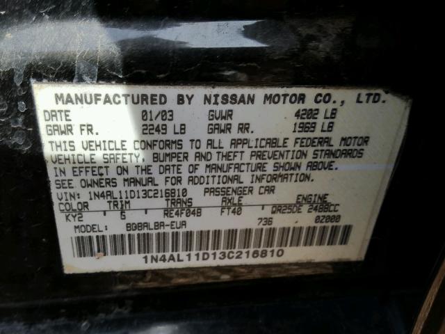 1N4AL11D13C216810 - 2003 NISSAN ALTIMA BAS BLACK photo 10