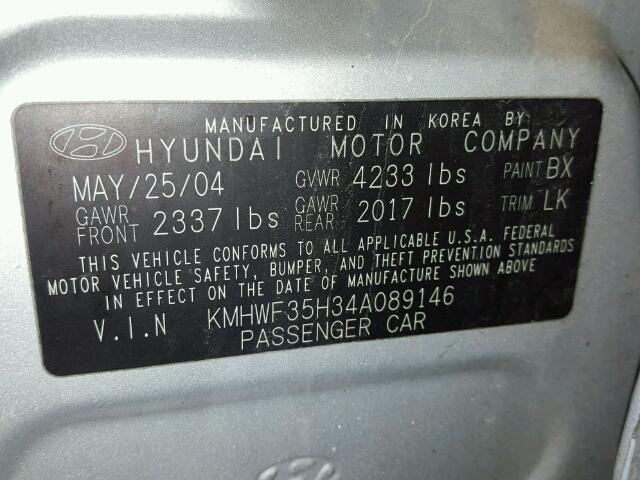 KMHWF35H34A089146 - 2004 HYUNDAI SONATA GLS SILVER photo 10