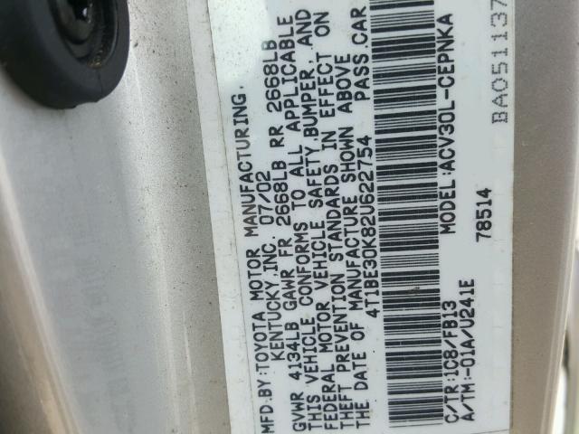 4T1BE30K82U622754 - 2002 TOYOTA CAMRY LE SILVER photo 10