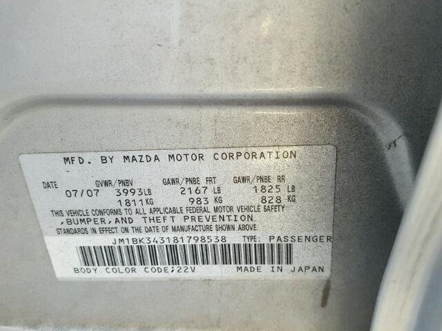 JM1BK343181798538 - 2008 MAZDA 3 HATCHBAC SILVER photo 10