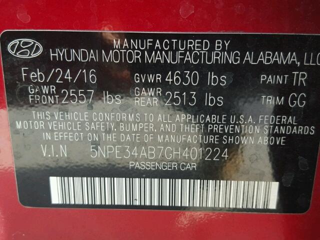 5NPE34AB7GH401224 - 2016 HYUNDAI SONATA SPO BURGUNDY photo 10