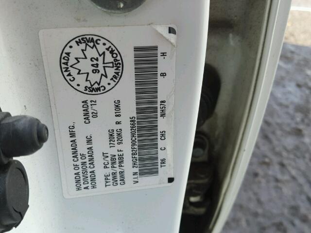 2HGFB2F90CH026685 - 2012 HONDA CIVIC EXL WHITE photo 10