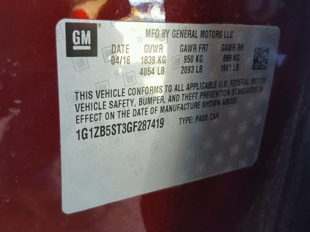 1G1ZB5ST3GF287419 - 2016 CHEVROLET MALIBU LS MAROON photo 10