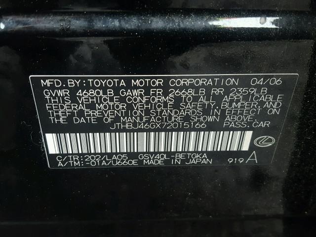 JTHBJ46GX72015166 - 2007 LEXUS ES 350 BLACK photo 10