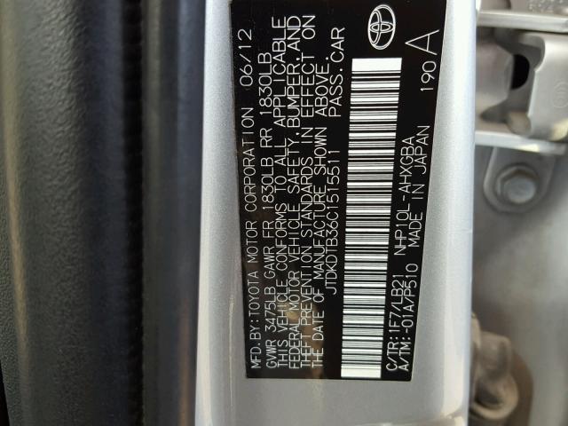 JTDKDTB36C1515511 - 2012 TOYOTA PRIUS C SILVER photo 10