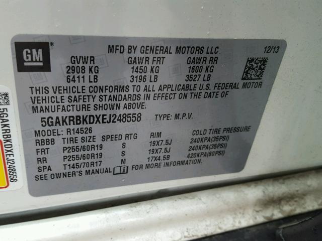 5GAKRBKDXEJ248558 - 2014 BUICK ENCLAVE WHITE photo 10