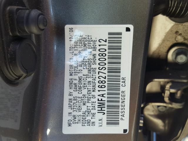 JHMFA16827S008012 - 2007 HONDA CIVIC EX ნაცრისფერი ფოტო 10