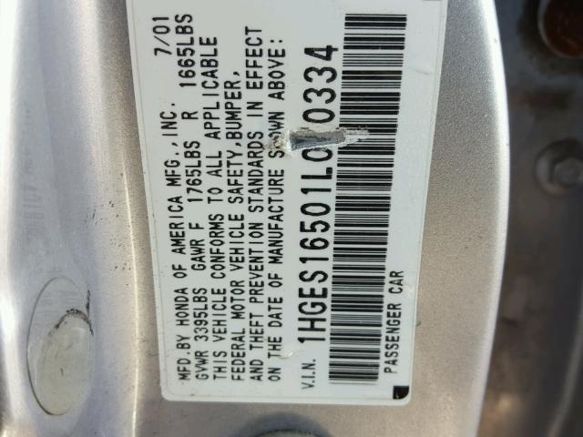 1HGES16501L070334 - 2001 HONDA CIVIC LX SILVER photo 10