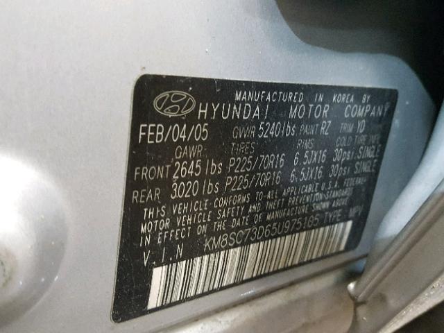 KM8SC73D65U975105 - 2005 HYUNDAI SANTA FE G GRAY photo 10