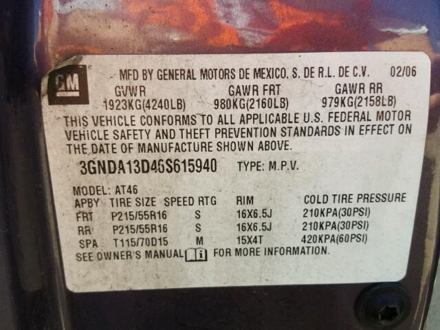 3GNDA13D46S615940 - 2006 CHEVROLET HHR LS PURPLE photo 10