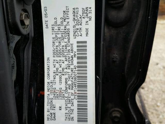 JTEBT14R538007140 - 2003 TOYOTA 4RUNNER SR BLACK photo 10