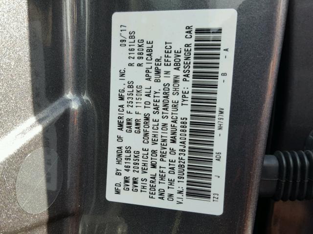 19UUB2F38JA008885 - 2018 ACURA TLX GRAY photo 10