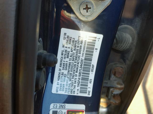 1HGFA16857L044287 - 2007 HONDA CIVIC EX BLUE photo 10