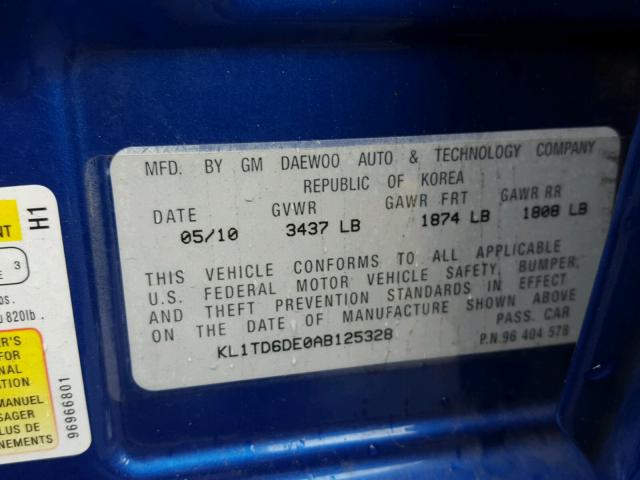 KL1TD6DE0AB125328 - 2010 CHEVROLET AVEO LS BLUE photo 10