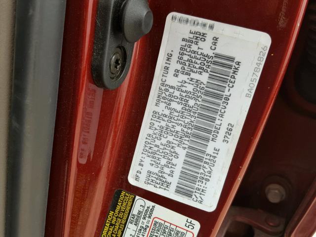 4T1BE32K34U275267 - 2004 TOYOTA CAMRY LE MAROON photo 10