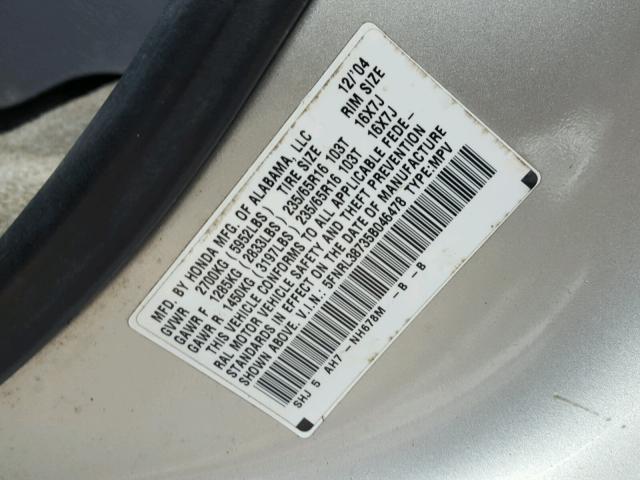 5FNRL38735B046478 - 2005 HONDA ODYSSEY EX SILVER photo 10