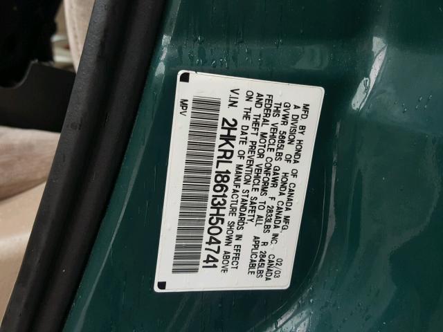 2HKRL18613H504741 - 2003 HONDA ODYSSEY EX GREEN photo 10