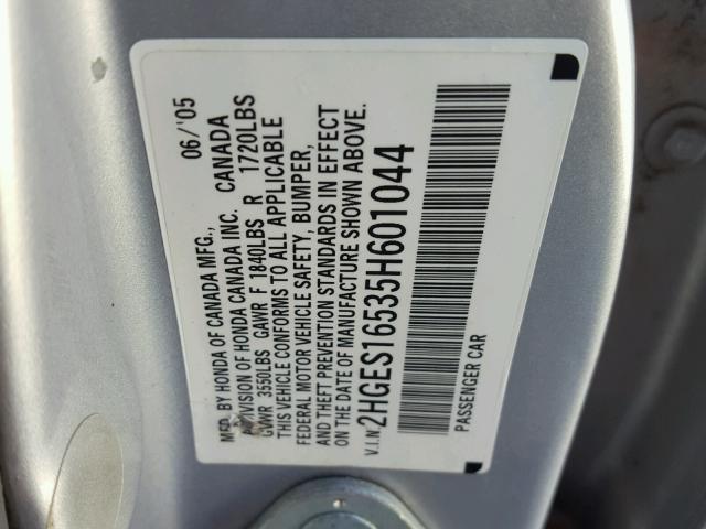 2HGES16535H601044 - 2005 HONDA CIVIC LX SILVER photo 10