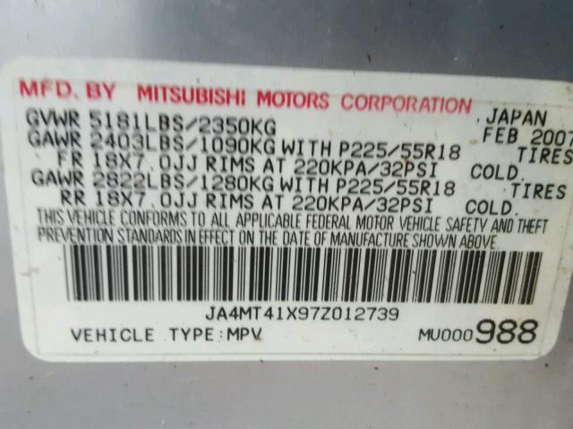 JA4MT41X97Z012739 - 2007 MITSUBISHI OUTLANDER SILVER photo 10