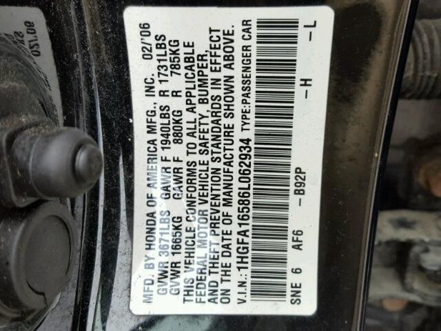 1HGFA16586L062934 - 2006 HONDA CIVIC LX BLACK photo 10