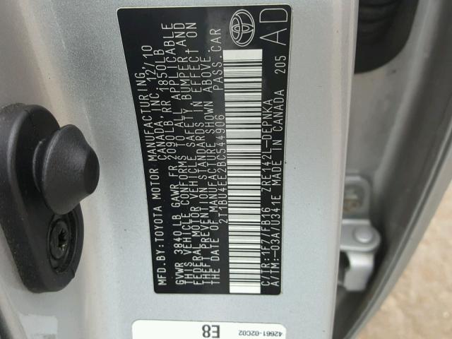 2T1BU4EE2BC544906 - 2011 TOYOTA COROLLA BA SILVER photo 10