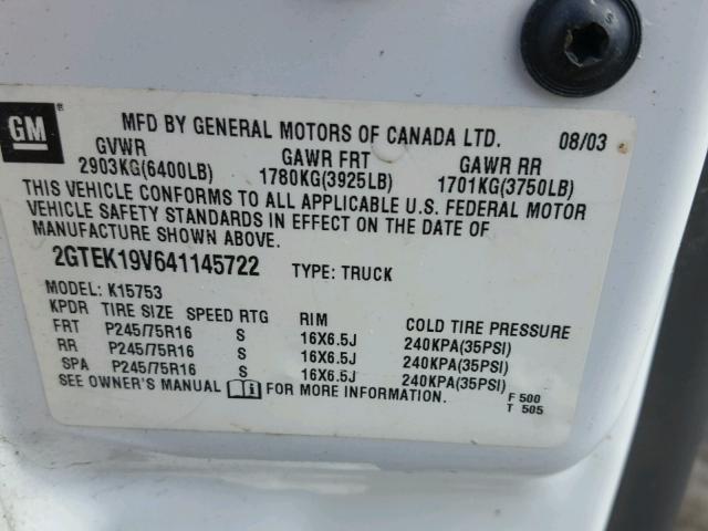 2GTEK19V641145722 - 2004 GMC NEW SIERRA WHITE photo 10