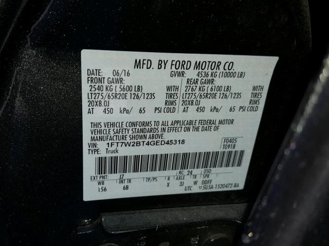 1FT7W2BT4GED45318 - 2016 FORD F250 SUPER GRAY photo 10