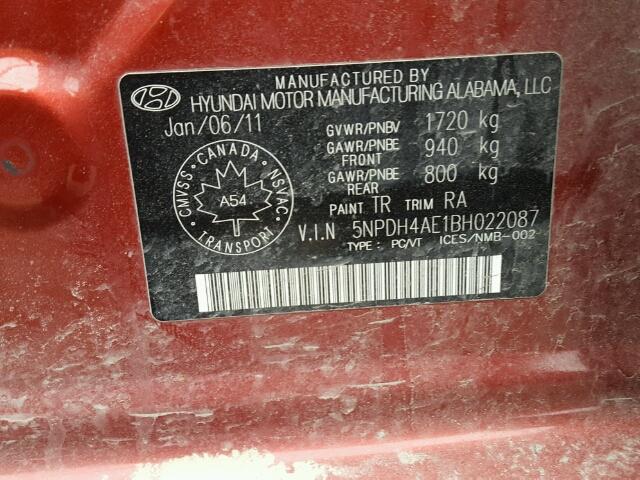 5NPDH4AE1BH022087 - 2011 HYUNDAI ELANTRA GL RED photo 10