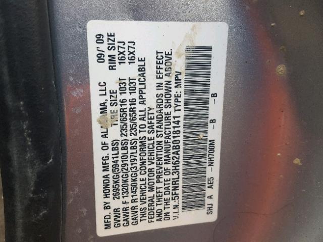 5FNRL3H62AB018141 - 2010 HONDA ODYSSEY EX SILVER photo 10