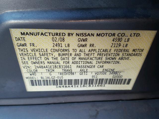 1N4BA41E18C831661 - 2008 NISSAN MAXIMA SE GRAY photo 10