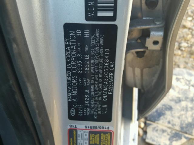 KNADM5A32C6068410 - 2012 KIA RIO LX Արծաթագույն լուսանկար 10
