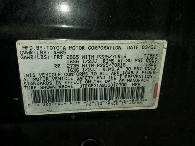 JTEGF21A810012300 - 2001 TOYOTA HIGHLANDER BLACK photo 10