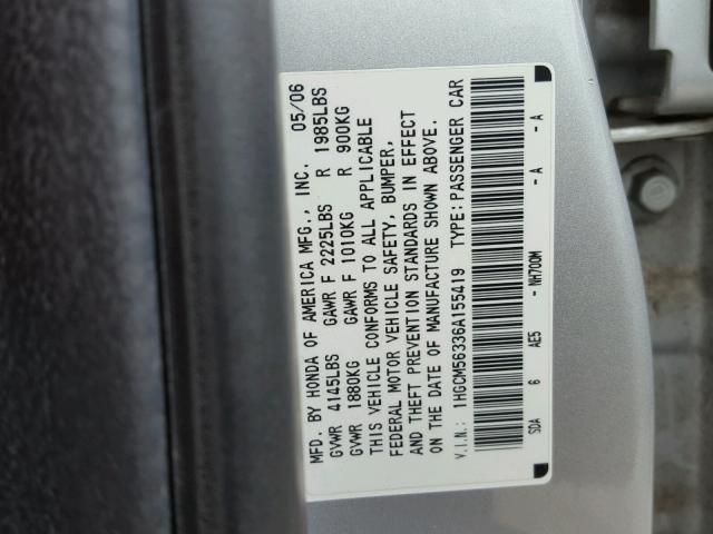 1HGCM56336A155419 - 2006 HONDA ACCORD SE SILVER photo 10