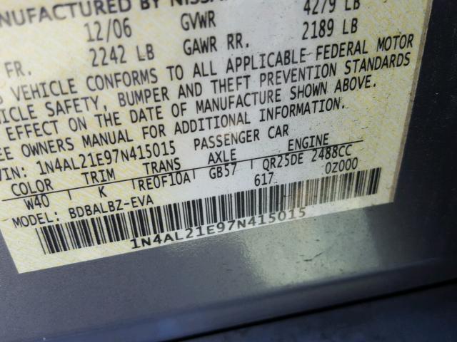 1N4AL21E97N415015 - 2007 NISSAN ALTIMA 2.5 GRAY photo 10