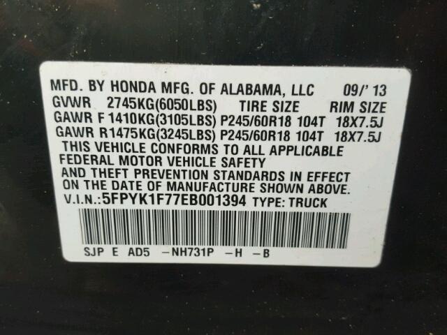 5FPYK1F77EB001394 - 2014 HONDA RIDGELINE BLACK photo 10