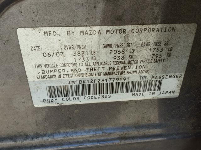 JM1BK12F281779191 - 2008 MAZDA 3 I BLACK photo 10