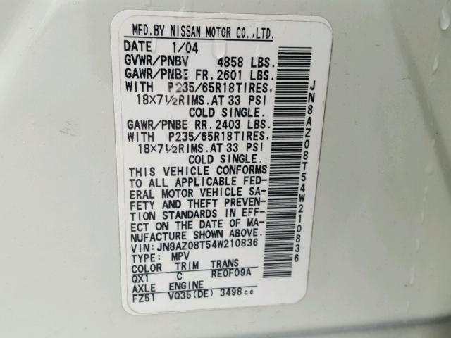 JN8AZ08T54W210836 - 2004 NISSAN MURANO SL WHITE photo 10