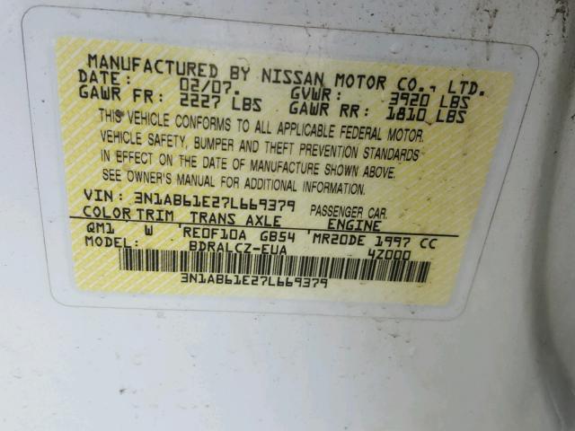 3N1AB61E27L669379 - 2007 NISSAN SENTRA 2.0 WHITE photo 10