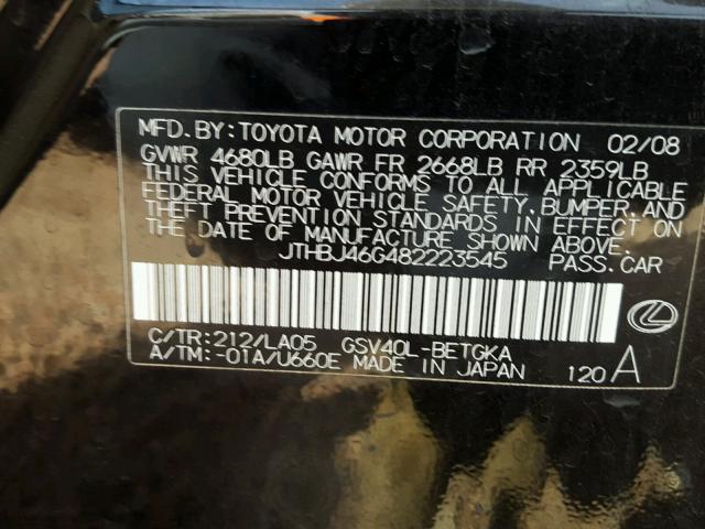 JTHBJ46G482223545 - 2008 LEXUS ES 350 BLACK photo 10