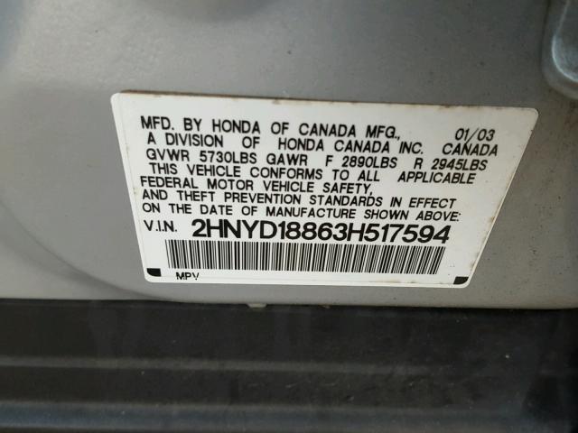 2HNYD18863H517594 - 2003 ACURA MDX TOURIN GRAY photo 10