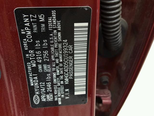 KMHGC4DD5CU199324 - 2012 HYUNDAI GENESIS 3. BURGUNDY photo 10