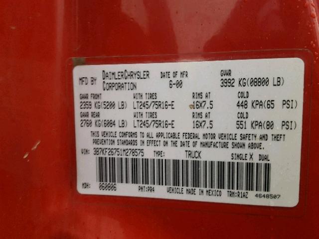 3B7KF26751M278575 - 2001 DODGE RAM 2500 RED photo 10