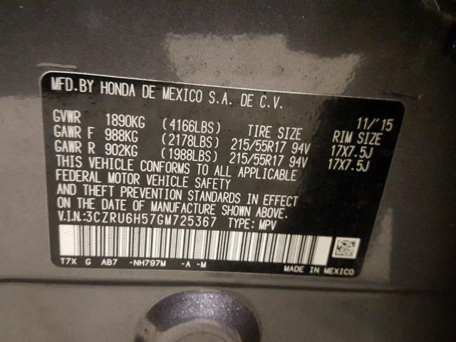 3CZRU6H57GM725367 - 2016 HONDA HR-V EX GRAY photo 10